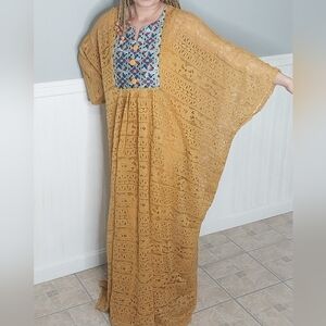 Gold and Blue Dolman Sleeve Maxi Dress for Resort Wear